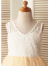 Ivory Lace Champagne Tulle V Neck Tea Length Flower Girl Dress